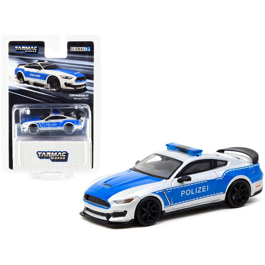 Ford Mustang GT "Polizei" German Police Silver and Blue "Global64" Series 1/64 Diecast Model Car by Tarmac Works