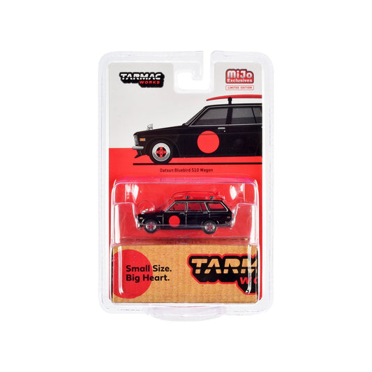 Datsun Bluebird 510 Wagon Black with Red Graphics with Roof Rack and Surfboard "Global64" Series 1/64 Diecast Model Car by Tarmac Works