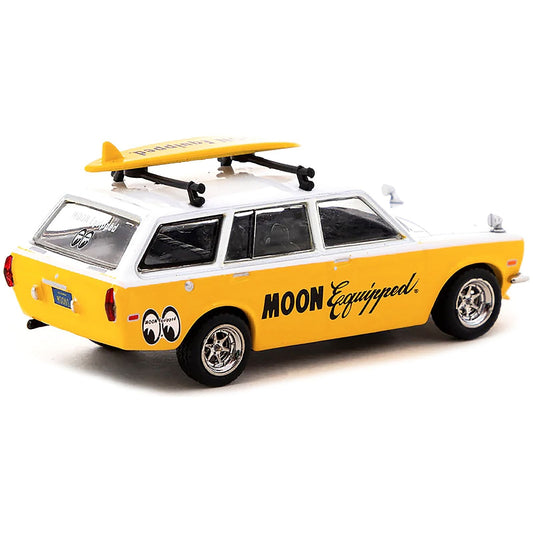 Datsun Bluebird 510 Wagon Yellow and White "MOON Equipped" with Roof Rack and Surfboard "Global64" Series 1/64 Diecast Model Car by Tarmac Works