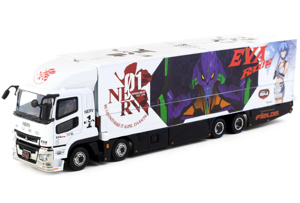 Mitsubishi Fuso Truck with Transporter White with Graphics "EVA Racing" "Truck64" Series 1/64 Diecast Model by Tarmac Works