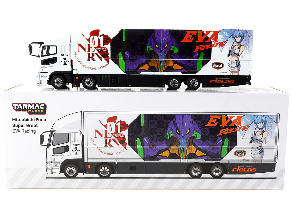 Mitsubishi Fuso Truck with Transporter White with Graphics "EVA Racing" "Truck64" Series 1/64 Diecast Model by Tarmac Works