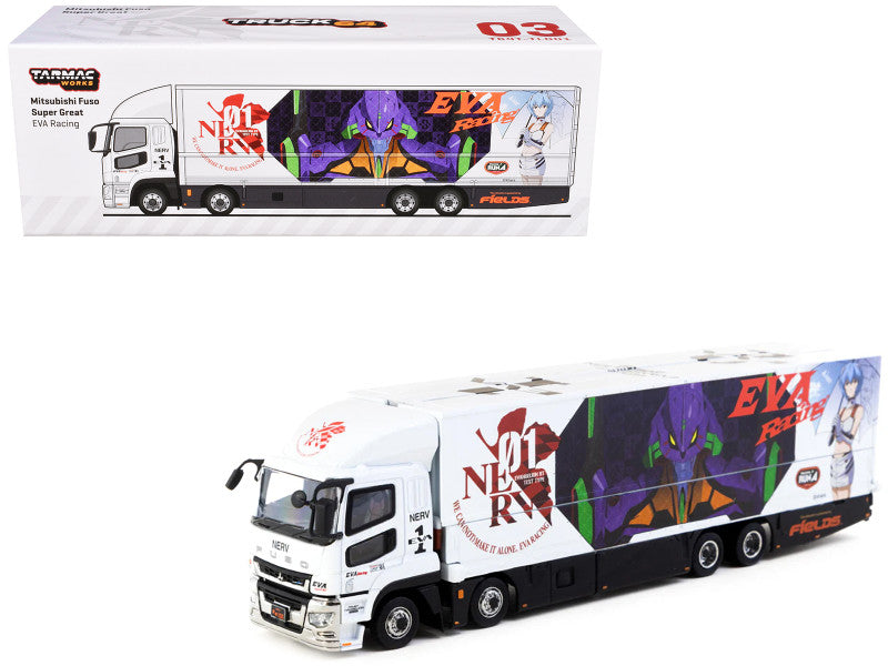 Mitsubishi Fuso Truck with Transporter White with Graphics "EVA Racing" "Truck64" Series 1/64 Diecast Model by Tarmac Works