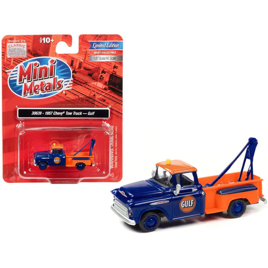 1957 Chevrolet Stepside Tow Truck "Gulf" Blue and Orange 1/87 (HO) Scale Model Car by Classic Metal Works