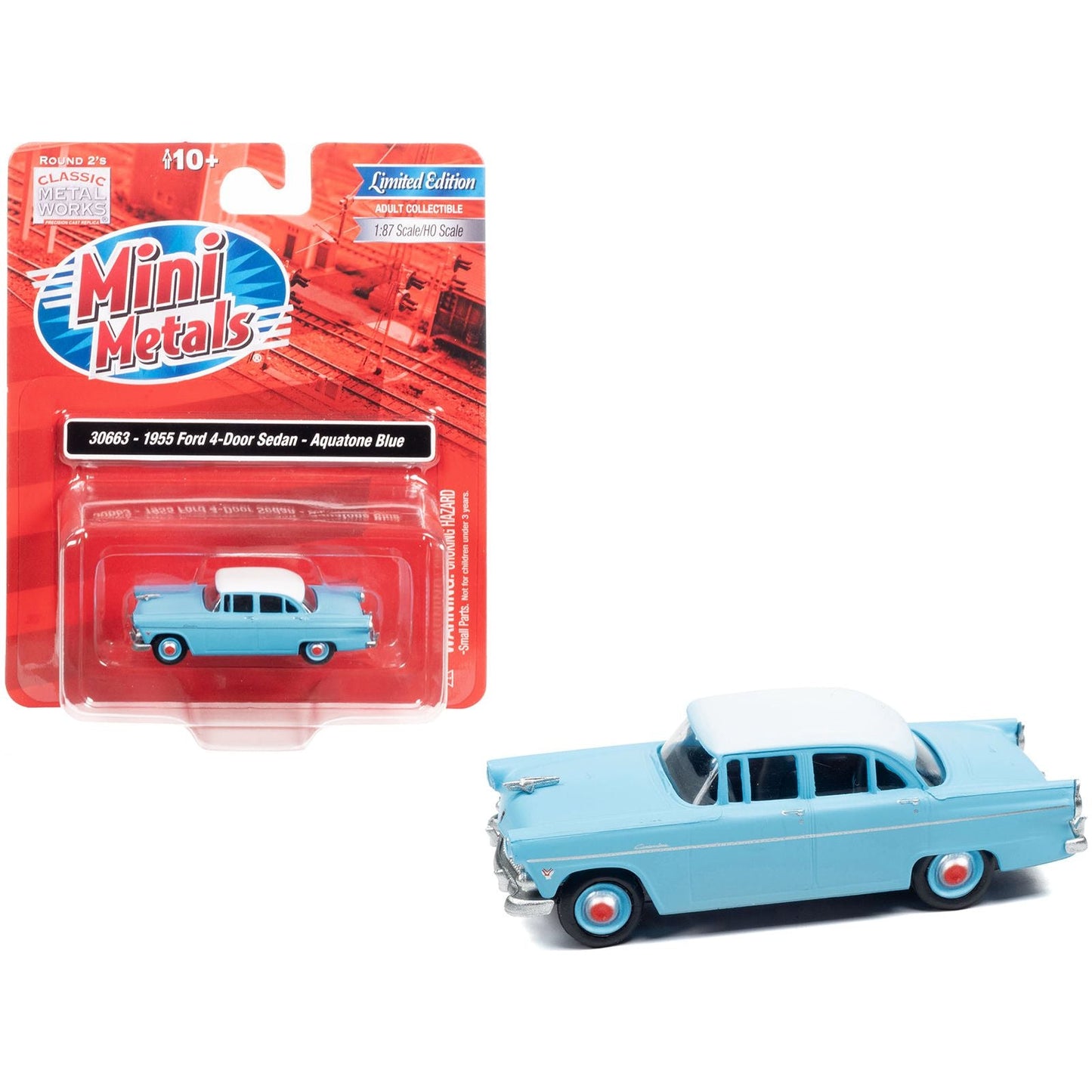 1955 Ford 4-Door Sedan Aquatone Blue with White Top 1/87 (HO) Scale Model Car by Classic Metal Works