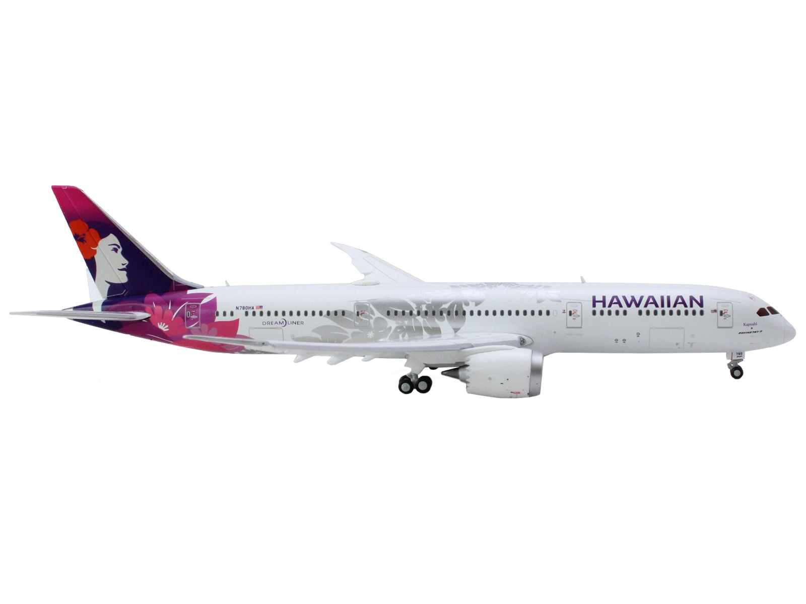 Boeing 787-9 Dreamliner Commercial Aircraft with Flaps Down "Hawaiian Airlines" (N780HA) White with Purple Tail 1/400 Diecast Model Airplane by GeminiJets