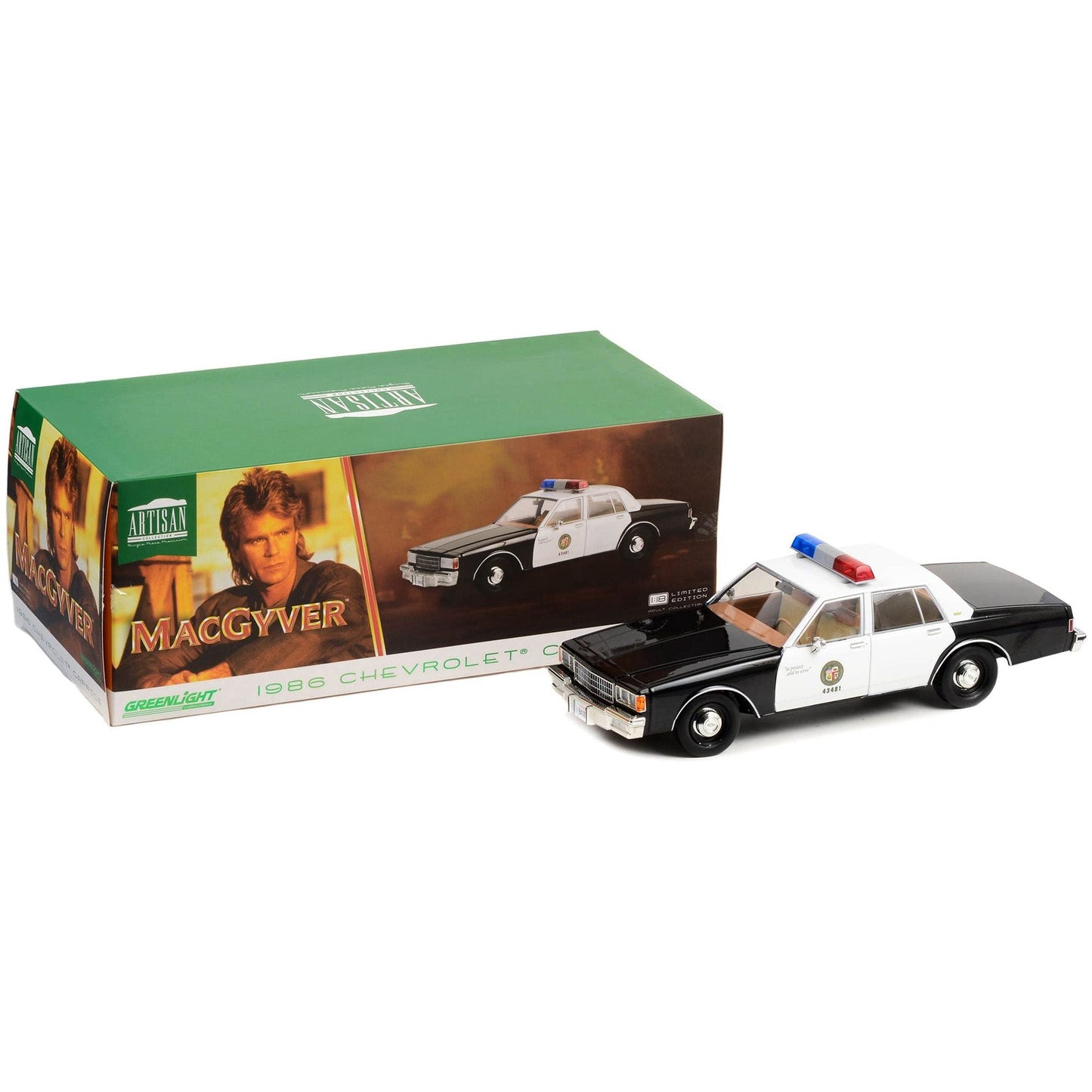 1986 Chevrolet Caprice Black and White LAPD (Los Angeles Police Department) "MacGyver" (1985-1992) TV Series "Artisan Collection" 1/18 Diecast Model Car by Greenlight