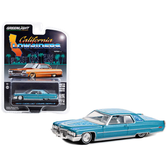 1972 Cadillac Coupe DeVille Custom Light Blue Metallic with White Interior and Graphics "California Lowriders" Series 2 1/64 Diecast Model Car by Greenlight