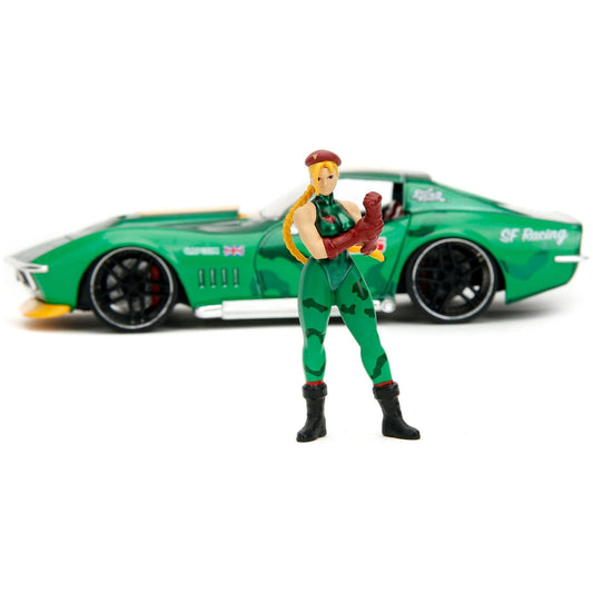 1969 Chevrolet Corvette Stingray ZL1 Green Metallic with Yellow Stripes and Cammy Diecast Figure "Street Fighter" Video Game "Anime Hollywood Rides" Series 1/24 Diecast Model Car by Jada