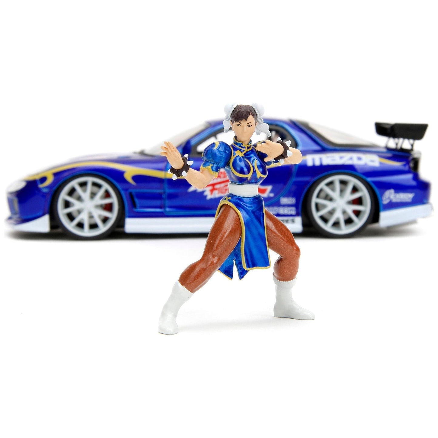 1993 Mazda RX-7 Candy Blue Metallic with Graphics and Chun-Li Diecast Figure "Street Fighter" Video Game "Anime Hollywood Rides" Series 1/24 Diecast Model Car by Jada