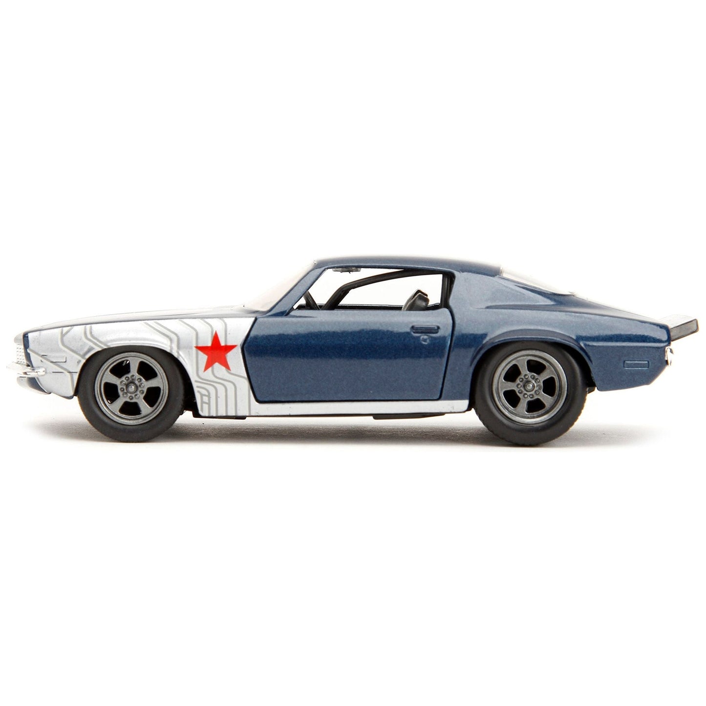 1973 Chevrolet Camaro Dark Blue Metallic with Gray Stripes and Winter Soldier Diecast Figure "Marvel Avengers" "Hollywood Rides" Series 1/32 Diecast Model Car by Jada