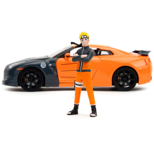 2009 Nissan GT-R (R35) Orange and Dark Gray with Yellow Top and Graphics and Naruto Diecast Figure "Naruto Shippuden" (2009-2017) TV Series "Anime Hollywood Rides" Series 1/24 Diecast Model Car by Jada