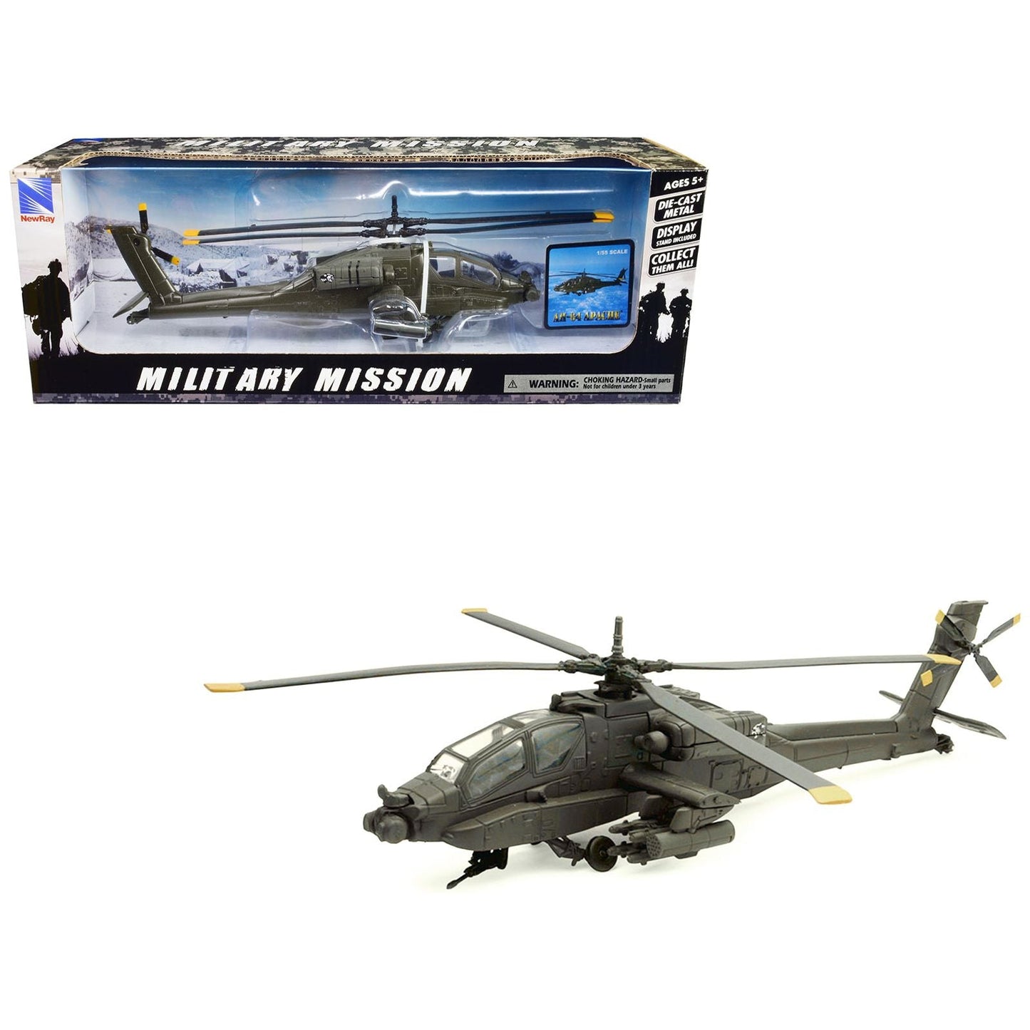 Boeing AH-64 Apache Attack Helicopter Olive Drab "United States Army" "Military Mission" Series 1/55 Diecast Model by New Ray